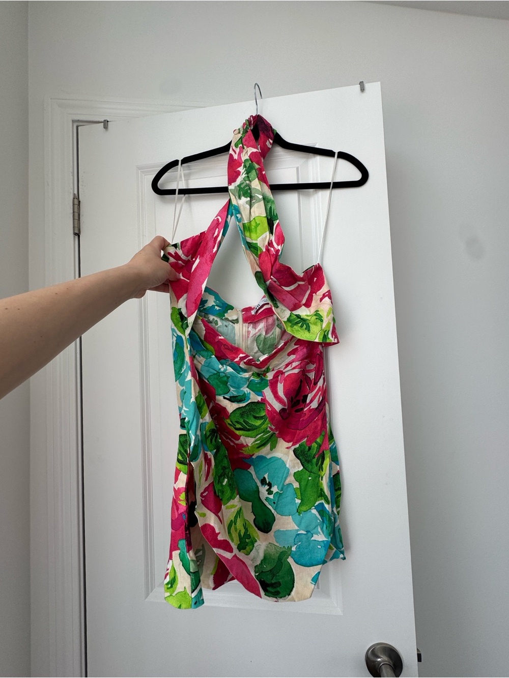 Zara Pink, Green & Aqua Floral Halter Mini Dress - Picture 2 of 3